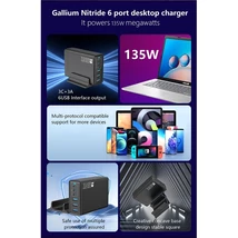 BLACKBIRD Hálózati Töltő GAN 135W 3xUSB-C 20W + 3xUSB 5V, Fekete