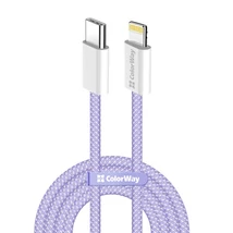 COLORWAY Kábel Type-C CW-CBPDCL061-PU, Apple Lightning, fonott pamut, PD 27W, 1M lila