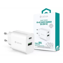 DEVIA ST38524 HÁLÓZATI TÖLTŐ ADAPTER TYPE-C + USB BEMENETTEL - 20W - SMART SERIES PD3.0 + QC3.0 QUICK CHARGER V2 - FEHÉR