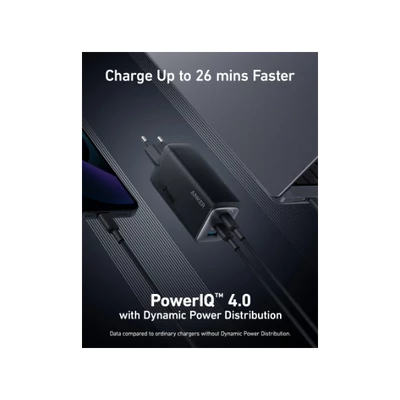 ANKER Hálózati Töltő, GaNPrime 65W, 3 port, 2xUSB-C + 1xUSB-A, PowerIQ 4.0, fekete - A2668311