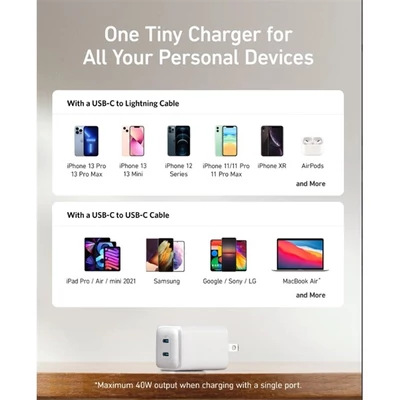 ANKER Hálózati Töltő, PowerPort III Nano PRO, 40W, 2xUSB-C, EU, fehér - A2038G21