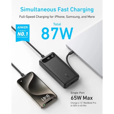 ANKER Powerbank 20000mAh, 65W, 1xUSB-C, 1xUSB-A, Beépített USB-C töltő kábel, fekete - A1383H11