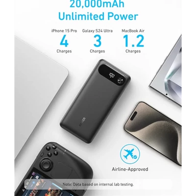 ANKER Powerbank 20000mAh, 65W, 1xUSB-C, 1xUSB-A, Beépített USB-C töltő kábel, fekete - A1383H11