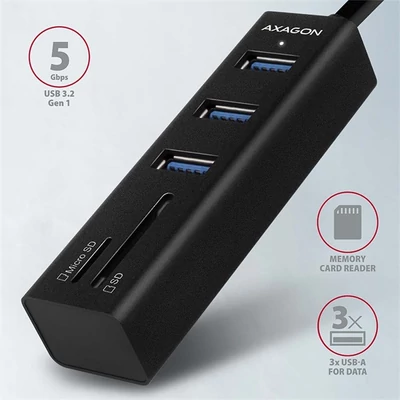 AXAGON HMA-CR3A 3 portos USB 3.2 HUB kártyaolvasóval, fekete