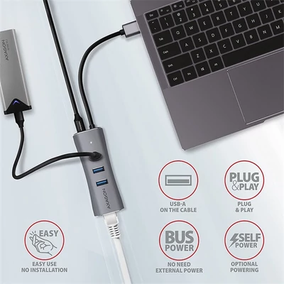 AXAGON HMA-GL3AP 3 portos USB 3.2 HUB LAN csatlakozóval, ezüst