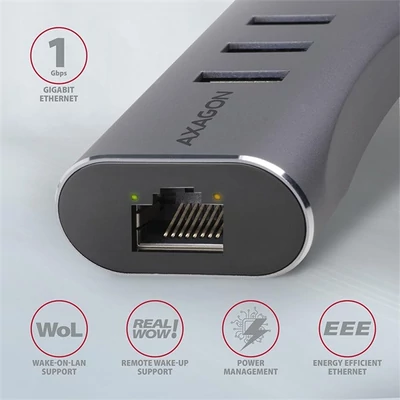 AXAGON HMA-GL3AP 3 portos USB 3.2 HUB LAN csatlakozóval, ezüst