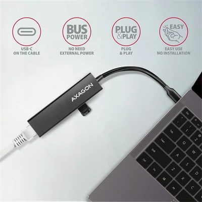 AXAGON HMC-GL3A USB-C 3portos USB hub és gigabit Ethernet RJ45 LAN, fekete