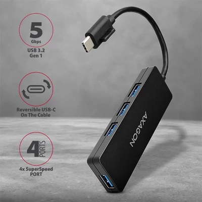 AXAGON HUE-G1A 4 portos USB-C slim hub, fekete