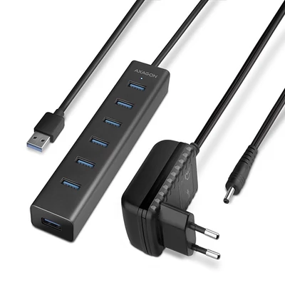 AXAGON HUE-SA7BP USB3.0 CHARGING HUB (Hétportos USB 3.0 hub gyors töltési támogatással. AC adapter a csomagban. Fekete)