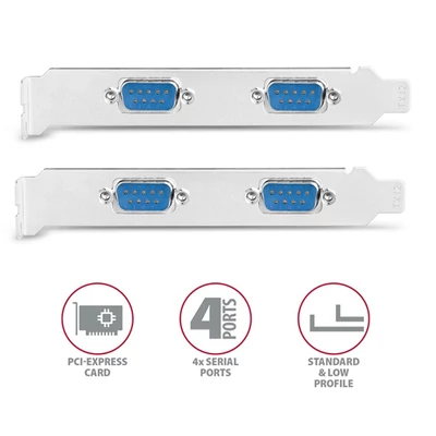 AXAGON PCEA-S4N PCIE VEZÉRLŐ 4X SOROS (PCIe vezérlő négy soros porttal 250 kbps, ASIX AX99100, Normál & alacsony profil)