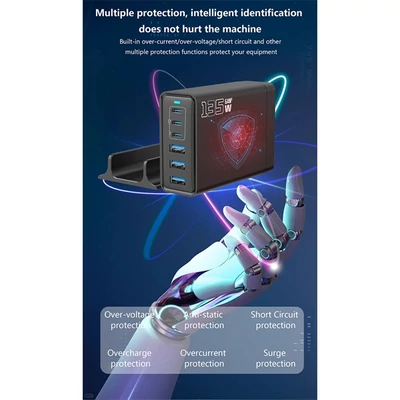 BLACKBIRD Hálózati Töltő GAN 135W 3xUSB-C 20W + 3xUSB 5V, Fekete