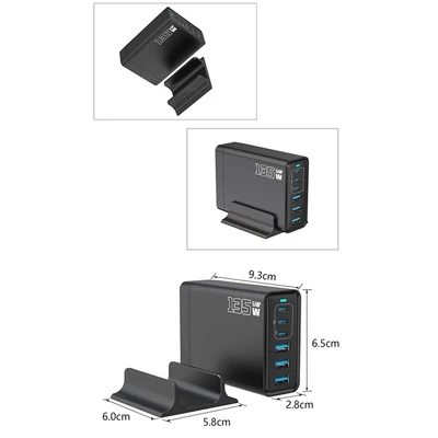 BLACKBIRD Hálózati Töltő GAN 135W 3xUSB-C 20W + 3xUSB 5V, Fekete