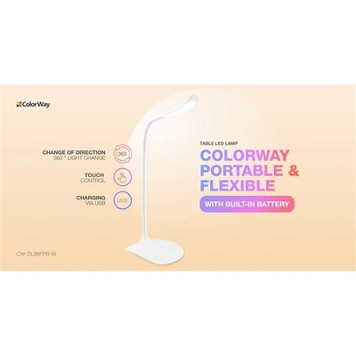 COLORWAY Asztali LED lámpa beépített akkumulátor, flexibilis, 5500-6000k, 115 lm, fehér (CW-DL06FPB-W)
