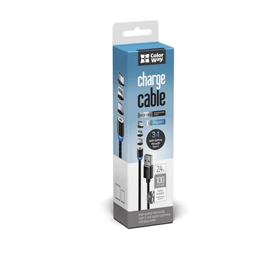 COLORWAY Kábel, Cable 3in1 (Lightning+MicroUSB+Type-C) Magnetic 2.4A 1M black (CW-CBUU020-BK)