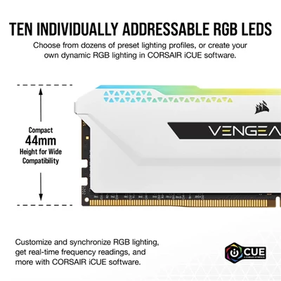 CORSAIR Memória VENGEANCE RGB PRO DDR4 16GB 3600MHz C18 SL (Kit of 2), fehér