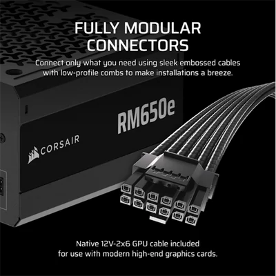 CORSAIR Tápegység Moduláris, RM650e, 650W, 12cm, ATX 3.1, PCIe 5.1, BOX, Cybenetics Gold