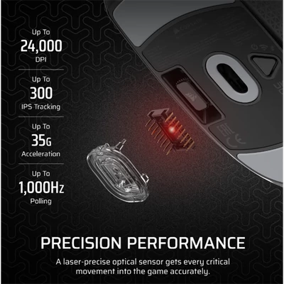 CORSAIR Vezeték Nélküli Egér Gaming, M55 Lightwight, 6 programozható gomb, Ultra-könnyű, 16000dpi, fekete