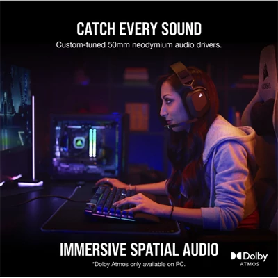 CORSAIR Vezeték Nélküli Headset, HS80 RGB WIRELESS Premium Gaming, Dolby Atmos hangzás, szürke