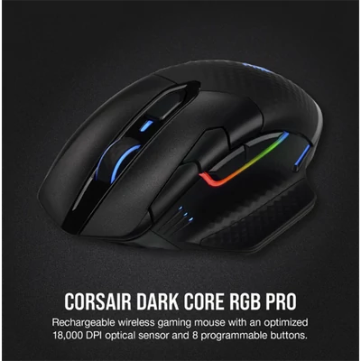 CORSAIR Vezetékes/Vezeték Nélküli Egér Gaming, DARK CORE RGB PRO, 8 programozható gomb, RGB, 18000dpi, fekete