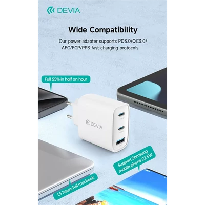 DEVIA Extreme Speed Series 65W GaN PD gyorstöltő adapter USB+2xType-C - fehér