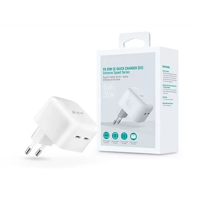 DEVIA GAN HÁLÓZATI TÖLTŐ ADAPTER 2XTYPE-C BEMENETTEL - 35W - EXTREME SPEEDSERIES PD 35W 2C QUICK CHARGER - WHITE