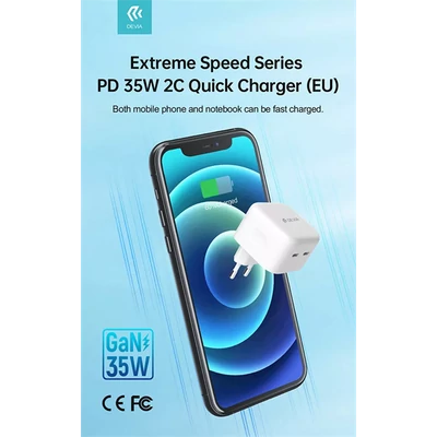 DEVIA GAN HÁLÓZATI TÖLTŐ ADAPTER 2XTYPE-C BEMENETTEL - 35W - EXTREME SPEEDSERIES PD 35W 2C QUICK CHARGER - WHITE