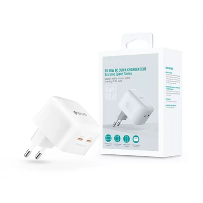 DEVIA GAN HÁLÓZATI TÖLTŐ ADAPTER 2XTYPE-C BEMENETTEL - 45W - EXTREME SPEEDSERIES PD 45W 2C QUICK CHARGER - WHITE