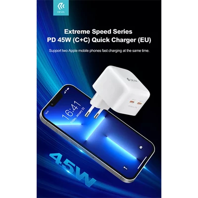 DEVIA GAN HÁLÓZATI TÖLTŐ ADAPTER 2XTYPE-C BEMENETTEL - 45W - EXTREME SPEEDSERIES PD 45W 2C QUICK CHARGER - WHITE