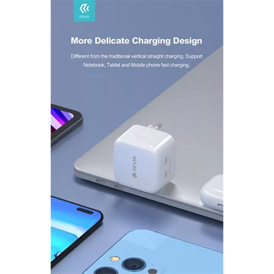 DEVIA GAN HÁLÓZATI TÖLTŐ ADAPTER 2XTYPE-C BEMENETTEL - 45W - EXTREME SPEEDSERIES PD 45W 2C QUICK CHARGER - WHITE