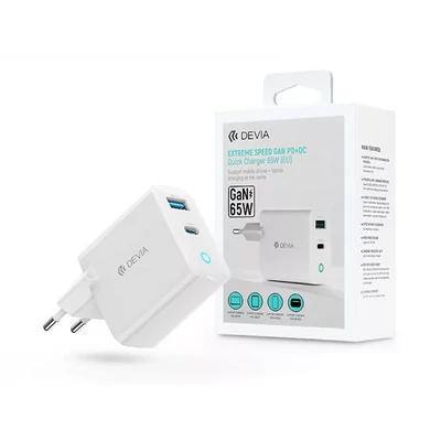 DEVIA GAN HÁLÓZATI TÖLTŐ ADAPTER USB + TYPE-C BEMENETTEL, 65W, FEHÉR