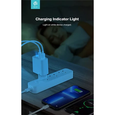 DEVIA GAN HÁLÓZATI TÖLTŐ ADAPTER USB + TYPE-C BEMENETTEL, 65W, FEHÉR