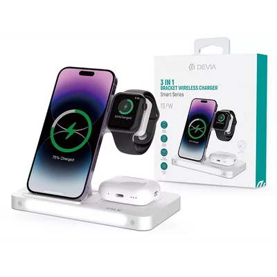 DEVIA QI UNIVERZÁLIS VEZETÉK NÉLKÜLI TÖLTŐ ÁLLOMÁS - 15W - 3in1: SMARTPHONE + IWATCH + AIRPODS - FEHÉR