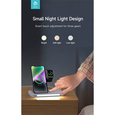 DEVIA QI UNIVERZÁLIS VEZETÉK NÉLKÜLI TÖLTŐ ÁLLOMÁS - 15W - 3in1: SMARTPHONE + IWATCH + AIRPODS - FEHÉR