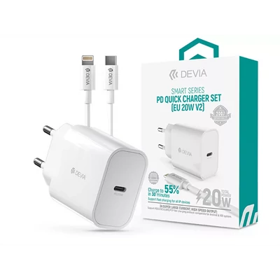DEVIA ST383847 HÁLÓZATI TÖLTŐ ADAPTER TYPE-C BEMENETTEL + TYPE-C - LIGHTNING KÁBEL - 20W - FEHÉR