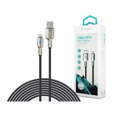 DEVIA USB - LIGHTNING ADAT- ÉS TÖLTŐKÁBEL 1,5 M-ES VEZETÉKKEL, 5V/2,1A, EZÜST/FEKETE