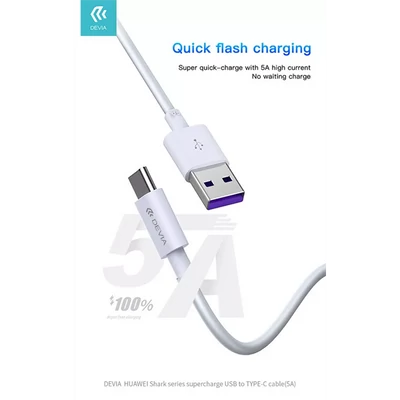 DEVIA USB - USB TYPE-C TÖLTŐ- ÉS ADATKÁBEL 1,5 M-ES VEZETÉKKEL - SHARK SUPERCHARGE USB TYPE-C - 5A - WHITE