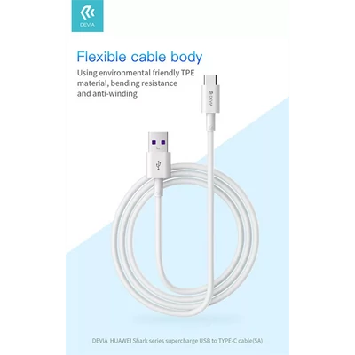 DEVIA USB - USB TYPE-C TÖLTŐ- ÉS ADATKÁBEL 1,5 M-ES VEZETÉKKEL - SHARK SUPERCHARGE USB TYPE-C - 5A - WHITE