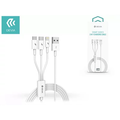 DEVIA USB TÖLTŐKÁBEL 1,2 M-ES VEZETÉKKEL - SMART SERIES 3IN1 FOR LIGHTNING/ANDROID/TYPE-C - 2A - WHITE