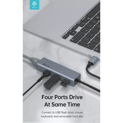 DEVIA USB TYPE-C - USB 3.1 + RJ45 + 3XUSB 3.0 ELOSZTÓ/ADAPTER - LEOPARD SERIES 5 IN 1 HUB - SZÜRKE