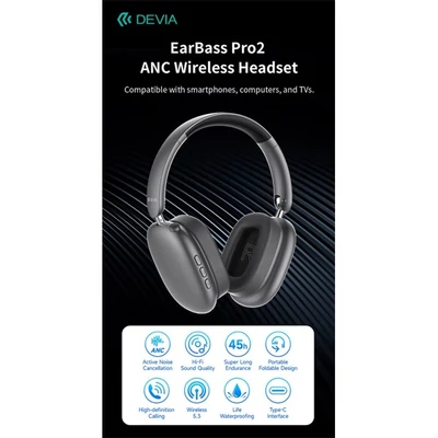 Devia EarBass Pro2 ANC Bluetooth sztereó fejhallgató beépített mikrofonnal - szürke
