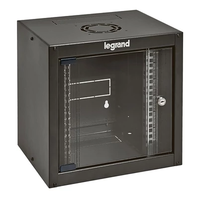 LEGRAND fali rack szekrény 10` 6U MAG: 362 SZÉL: 320 MÉLY: 300 antracit egyrészes üvegajtós készre szerelt MAX: 12 kg Li