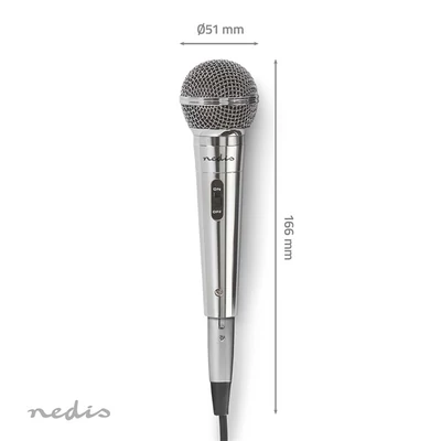 Nedis MPWD45GY dinamikus mikrofon, levehető kábel 5m, 80 Hz - 13 kHz 600 Ohm -72 dB Be/Ki kapcs.fém ezüst