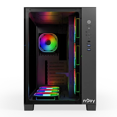 NJOY Ház Midi ATX AURA Tápegység nélkül, USB2.0+3.0, Fekete RGB