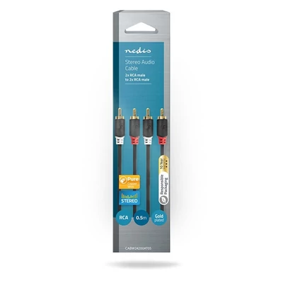 Nedis CABW24200AT05 sztereo audió kábel 2x RCA férfi,  2x RCA férfi, Aranyozott,  0,50 m , kerek,  Antracit