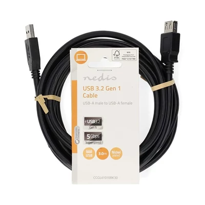 Nedis CCGL61010BK30 USB3.2 toldó / hosszabító kábel, USB A dugó - USB-A aljzat, 5 Gbps, 3m, (USB3.1, USB3.0, USB2.0)