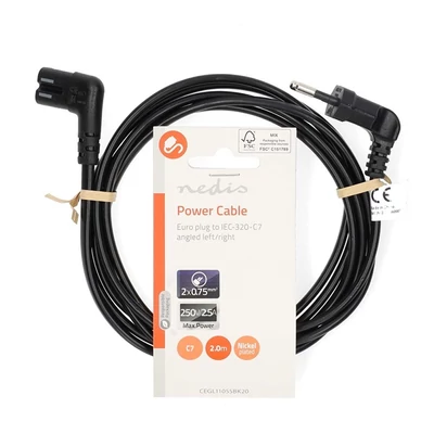 Nedis CEGL11055BK20 tápkábel, Euro dugó,  IEC-320-C7,  pipa, szögben balra, 2m, fekete