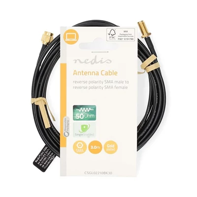 Nedis CSGL02210BK30 SMA kábel, RP SMA férfi, RP SMA női, Aranyozott, 50 Ohm, Egyetlen árnyékolt, 3,00 m, kerek
