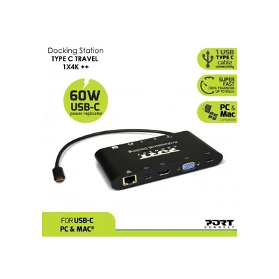 PORT DESIGNS - Dokkoló állomás,TYPE C TRAVEL 1 X 4K  ++1VGA, 1HDMI, 1 miniDP, 3xUSB-A, 1x USB-C, RJ45, SD/MMC&Micro SD