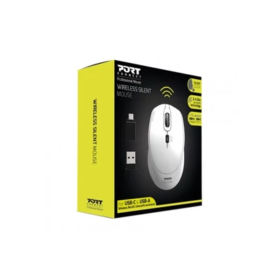 PORT DESIGNS Egér vezeték nélküli, silent, optikai, USB-C/USB, 800/1200/1600 dpi, 1,6 m, 1xAA, fehér