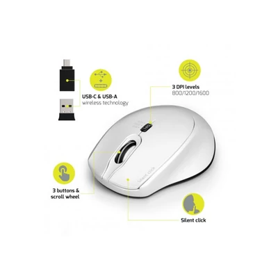 PORT DESIGNS Egér vezeték nélküli, silent, optikai, USB-C/USB, 800/1200/1600 dpi, 1,6 m, 1xAA, fehér